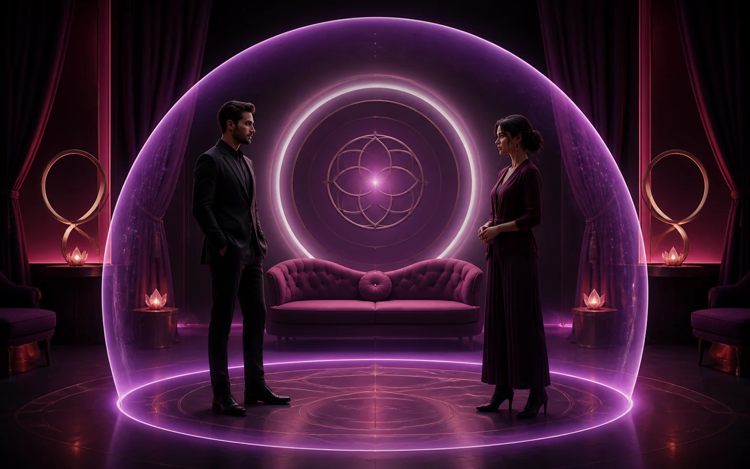 Adult-only safety and consent boundaries Two fully clothed adults standing inside a protective luminous boundary