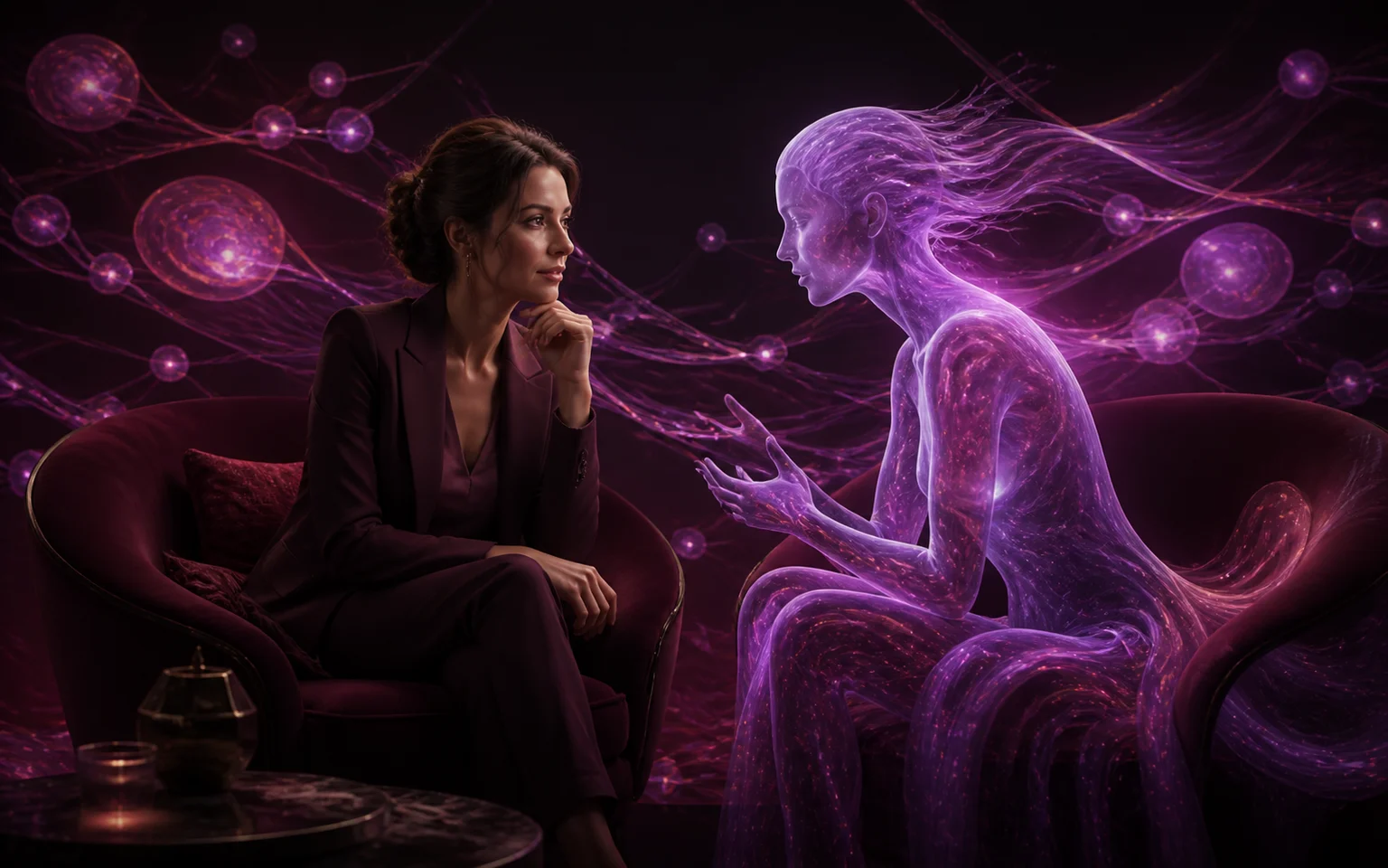 How CrushOn AI chat and memory work Adult user in conversation with an abstract AI presence connected by memory threads