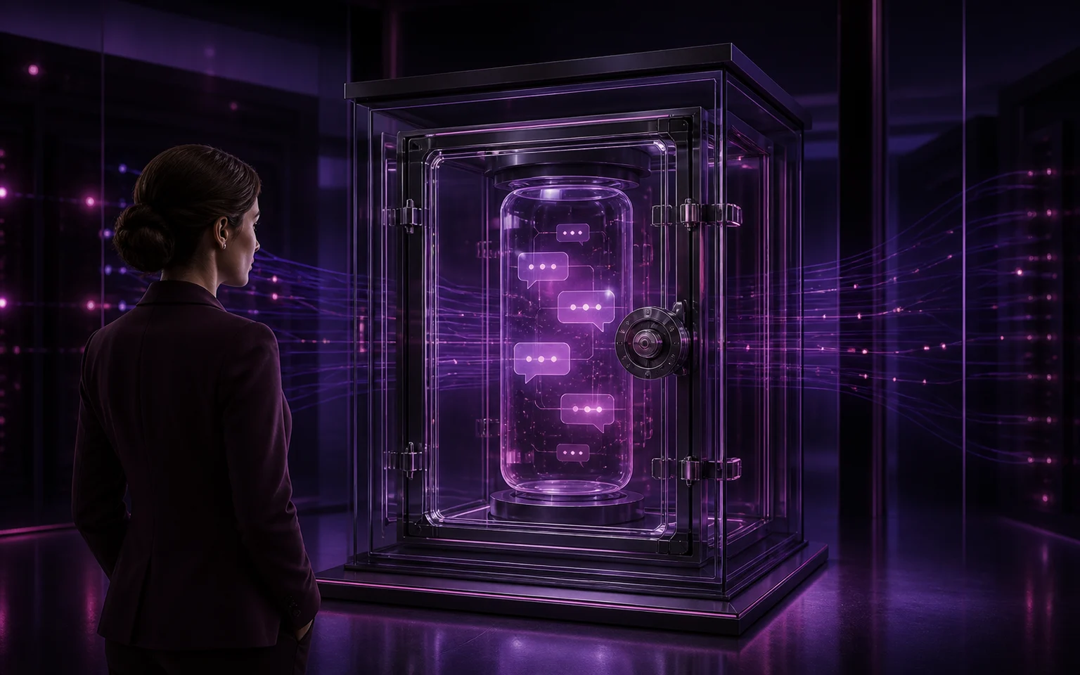 CrushOn AI data and privacy Adult user viewing private conversation data protected inside a glass vault