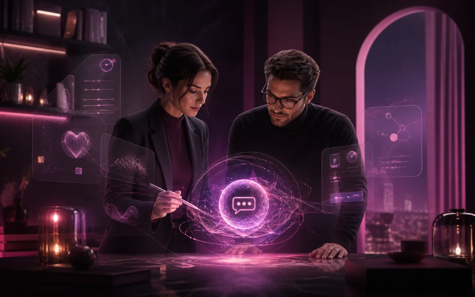 The team behind CrushOn AI Adult product team collaborating around an abstract conversational AI core